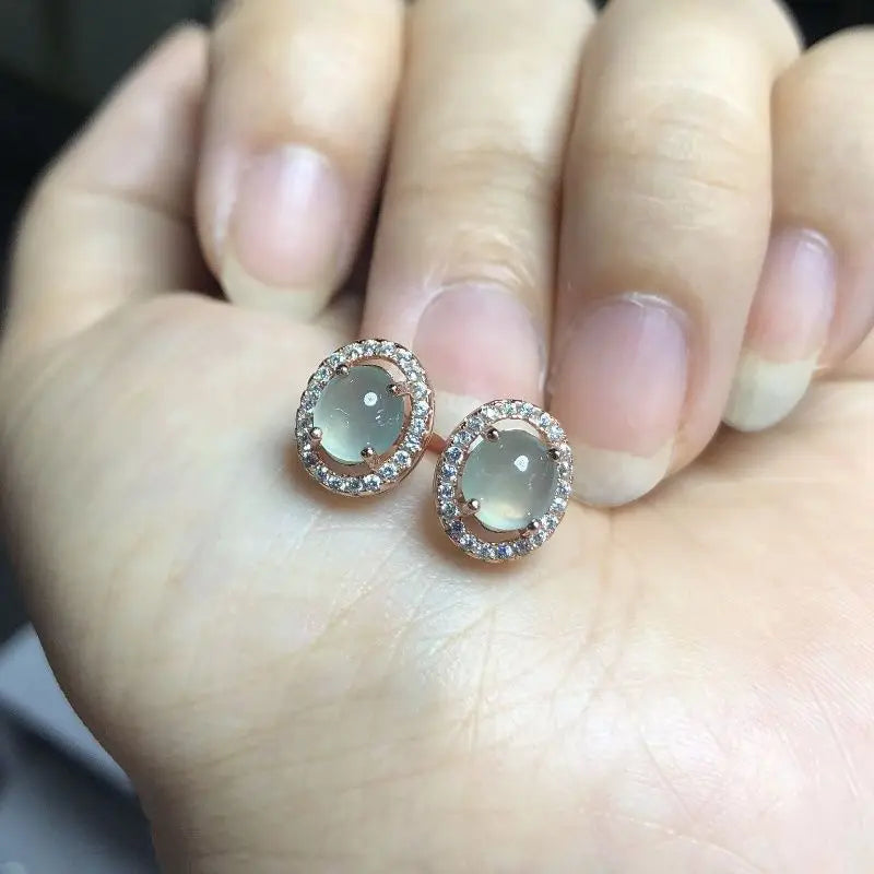 Silver Inlaid Diamond Chalcedony Earrings
