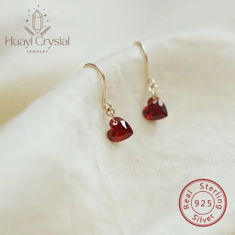 S925 Sterling Silver Wine Red Heart Zircon Ear Studs