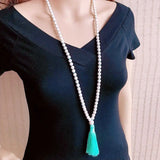 Turquoise Beads Hand Knotted Tassel Necklace Long Sweater Chain