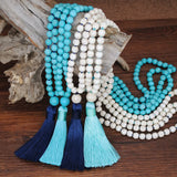 Turquoise Beads Hand Knotted Tassel Necklace Long Sweater Chain