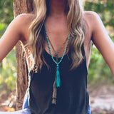 Turquoise Beads Hand Knotted Tassel Necklace Long Sweater Chain