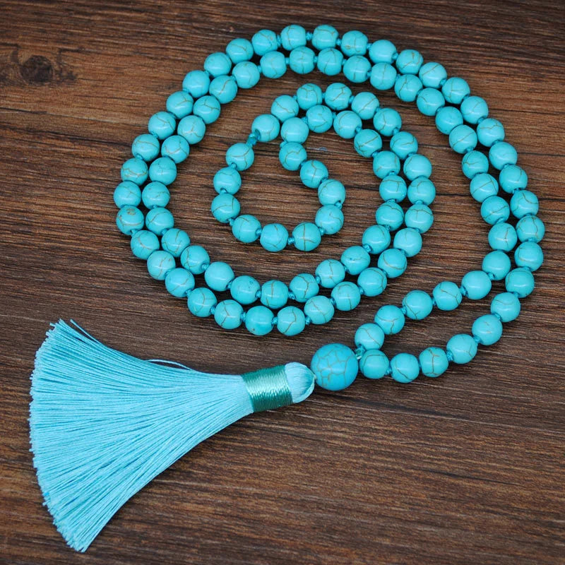 Turquoise Beads Hand Knotted Tassel Necklace Long Sweater Chain