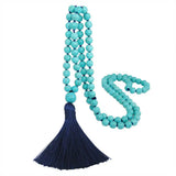 Turquoise Beads Hand Knotted Tassel Necklace Long Sweater Chain