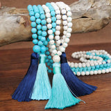 Turquoise Beads Hand Knotted Tassel Necklace Long Sweater Chain