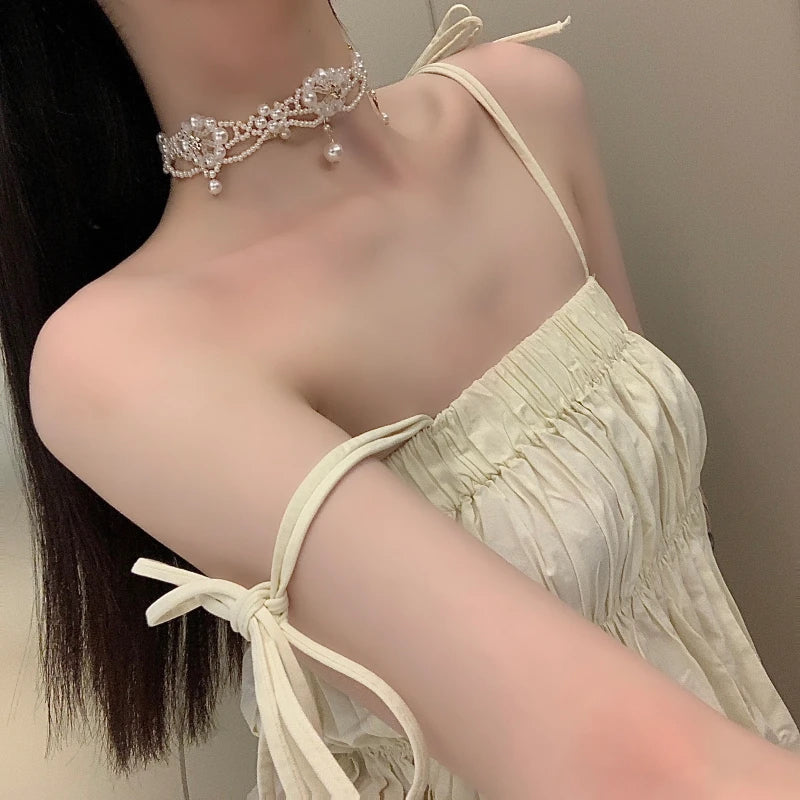 Vintage French Pearl Necklace for Women Clavicle Chain Accessory