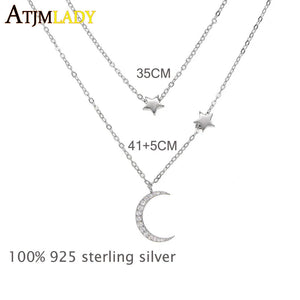 925 Silver CZ Moon Star Charm Choker Necklace