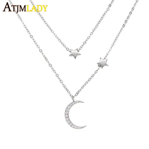 925 Silver CZ Moon Star Charm Choker Necklace