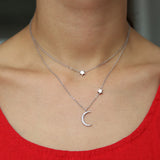 925 Silver CZ Moon Star Charm Choker Necklace