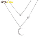 925 Silver CZ Moon Star Charm Choker Necklace