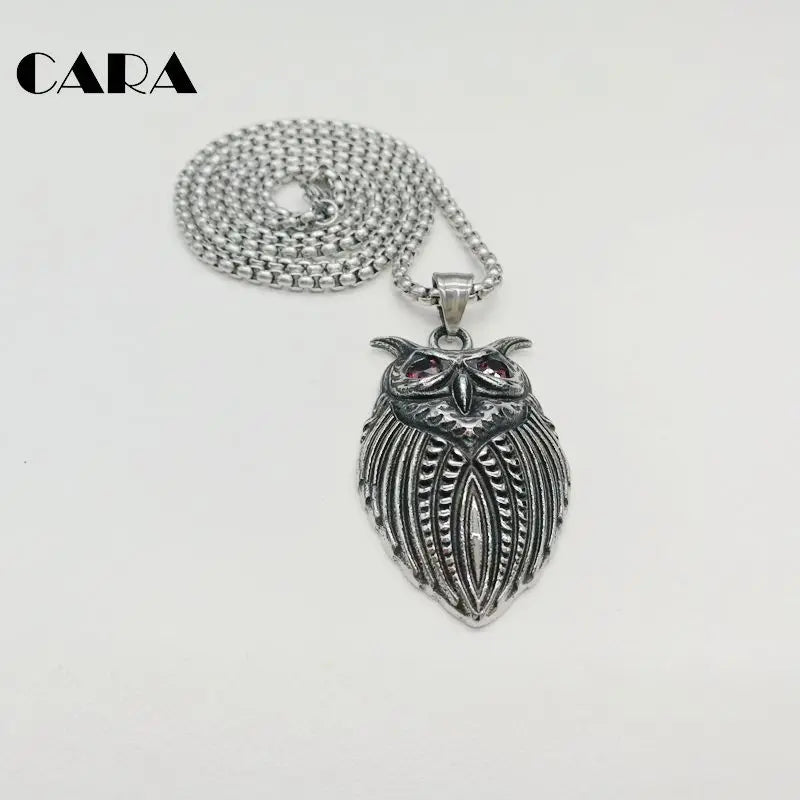 Night Owl Charm Necklace Stainless Steel Red Crystal Eyes Pendant