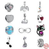 925 Silver Love Hearts Bead Cat Charm for Bracelet DIY Women Jewelry