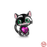 925 Silver Love Hearts Bead Cat Charm for Bracelet DIY Women Jewelry