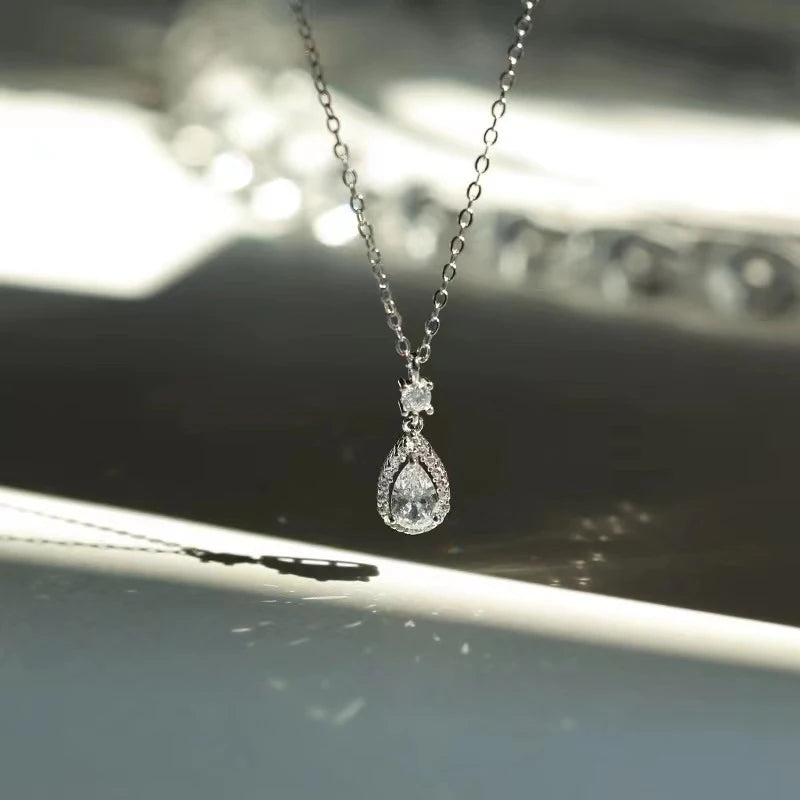 925 Silver Teardrop Necklace Zirconia Charm Women's Jewelry