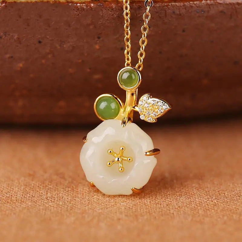 Hetian Jade Flower Diamond Pendant Necklace Romantic Jewelry