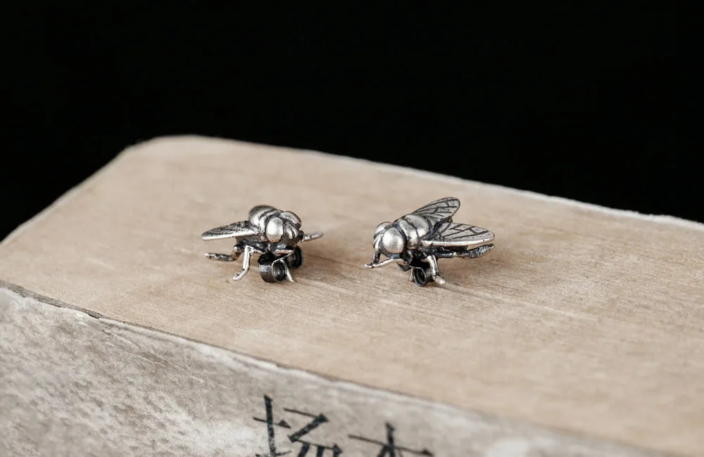 Vintage 925 Silver Insect Fly Stud Earrings for Men Women