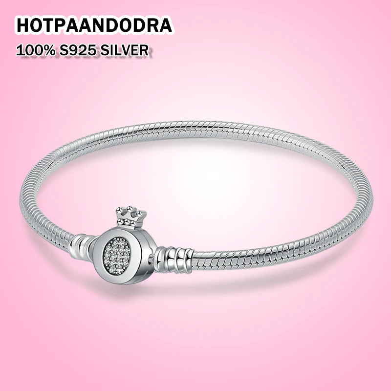 Love Crown Bead Snake Chain Charm Bracelet 925 Sterling Silver Women