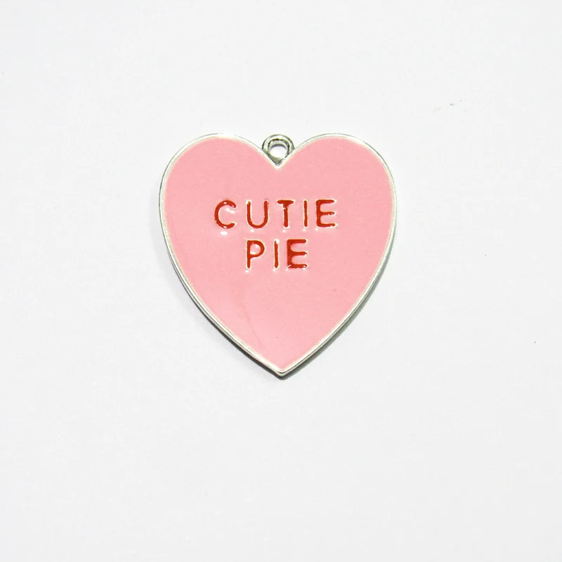 10pcs All Pink Enamel Heart 'CUTIE PIE' Pendants For Kids Necklace