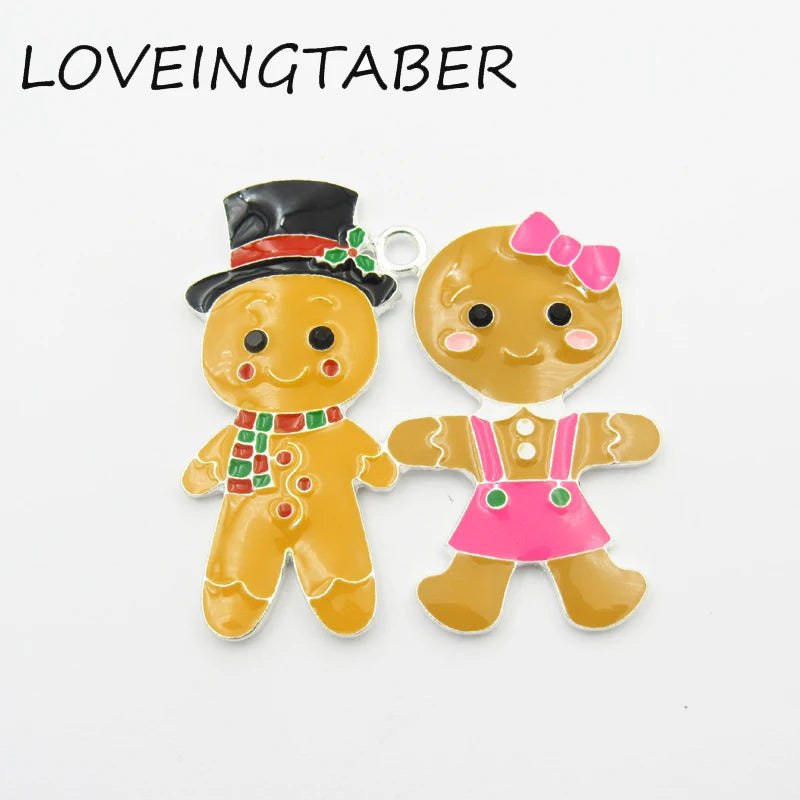 10pcs Silver Gingerbread Girl/Boy Enamel Pendants Christmas Jewelry Making