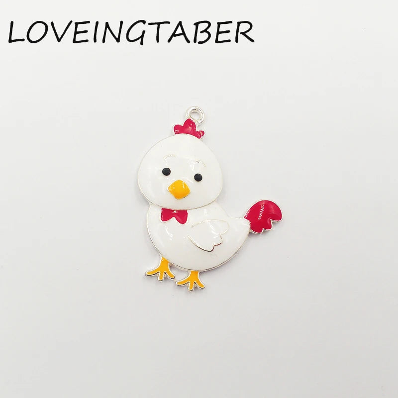 10pcs Enamel Farm Animal Chick with Red Bowknot Pendants