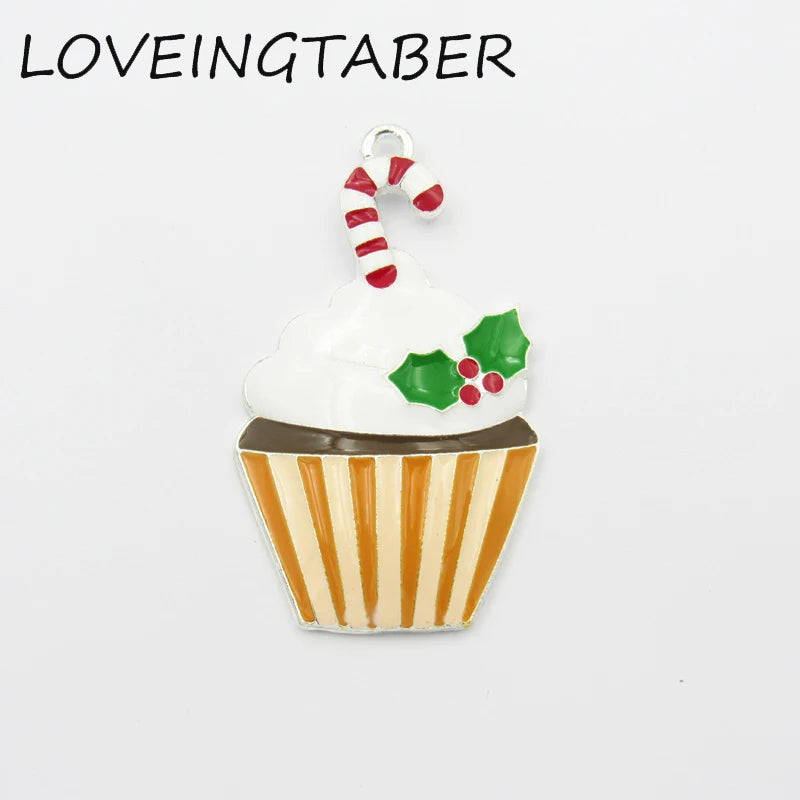 10pcs Silvery Cupcake Christmas Crutch Enamel Pendant Kids Jewelry Making
