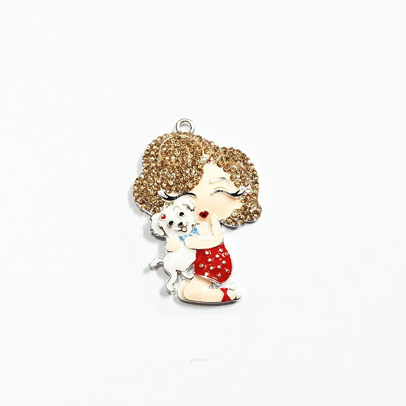 10pcs/lot Girl Cuddle Dog Rhinestone Pendants For Jewerly Making