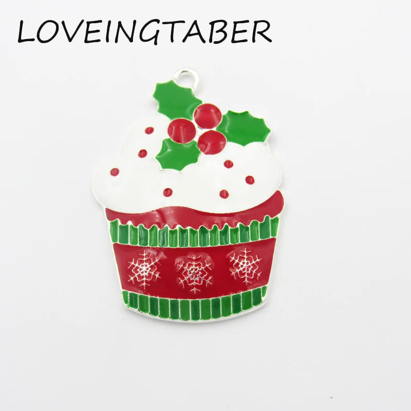 10pcs Silvery Christmas Cupcake Enamel Pendant for Xmas Jewelry Making