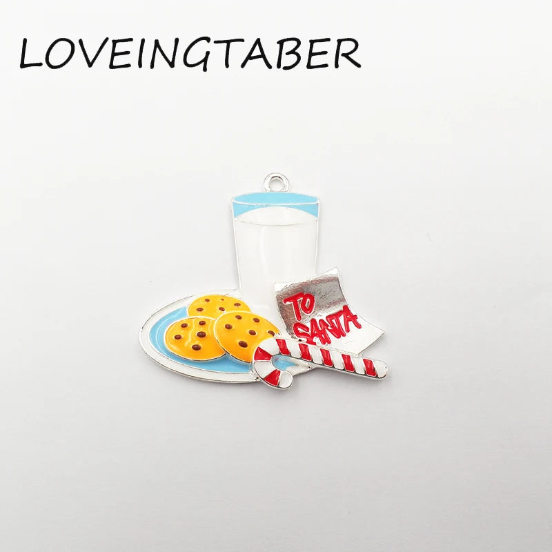 10pcs Full Enamel To Santa Cookies and Milk Pendant For Kids Christmas Jewelry