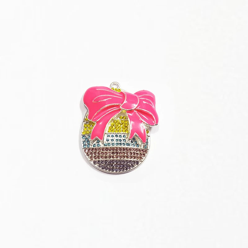 10pcs Easter Egg Hotpink Bow Rhinestone Pendants