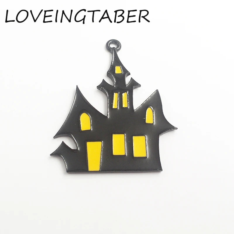 10pcs Full Enamel Ghost Castle Pendant Halloween Necklace Making
