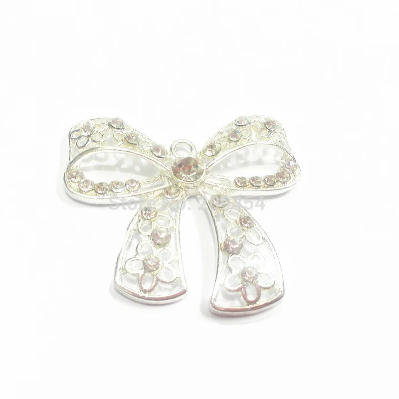 10pcs Silvery Plated Bow Rhinestone Pendants 45mm*41mm