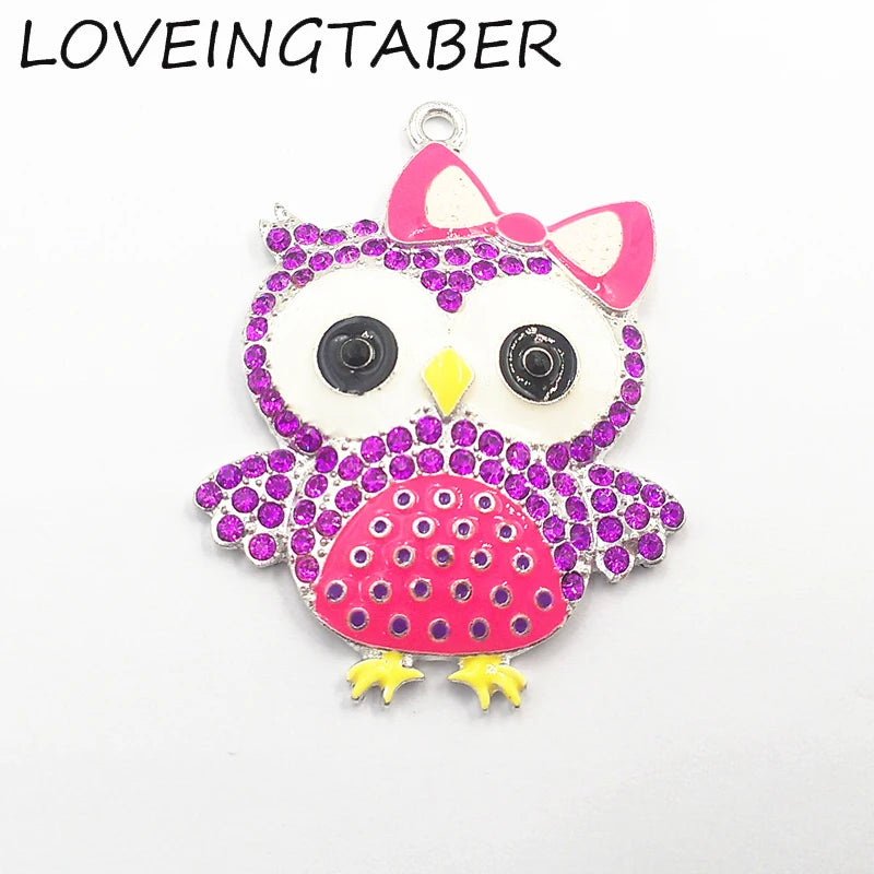 10pcs/lot Purple Rhinestone Owl Pendant with Hotpink Bowknot