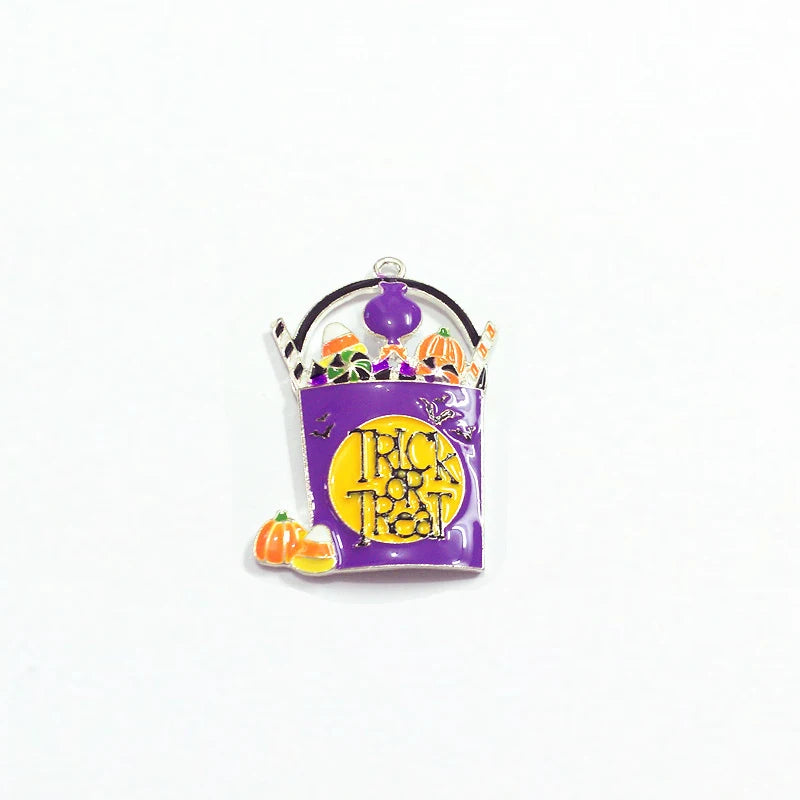 10pcs Silvery Plated Halloween Basket Enamel Pendants