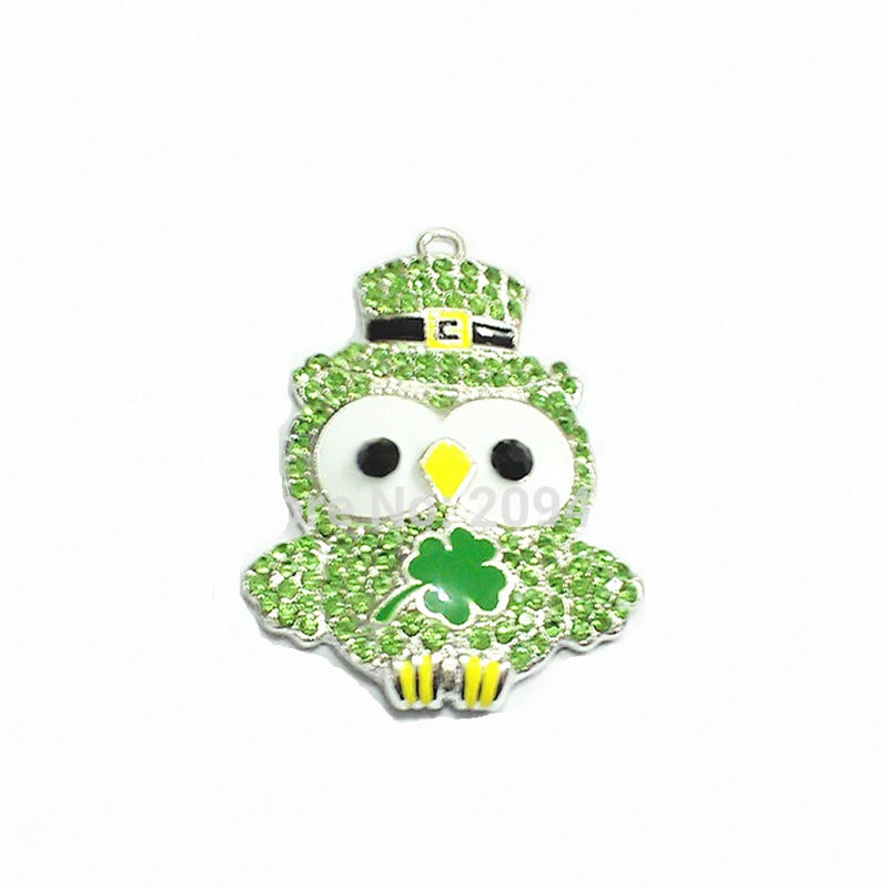 10pcs/lot Clover Owl Rhinestone Pendants For St.Patricks Jewelry