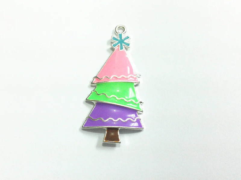 10pcs All Enamel Christmas Tree Pendants - Pink/Green/Purple