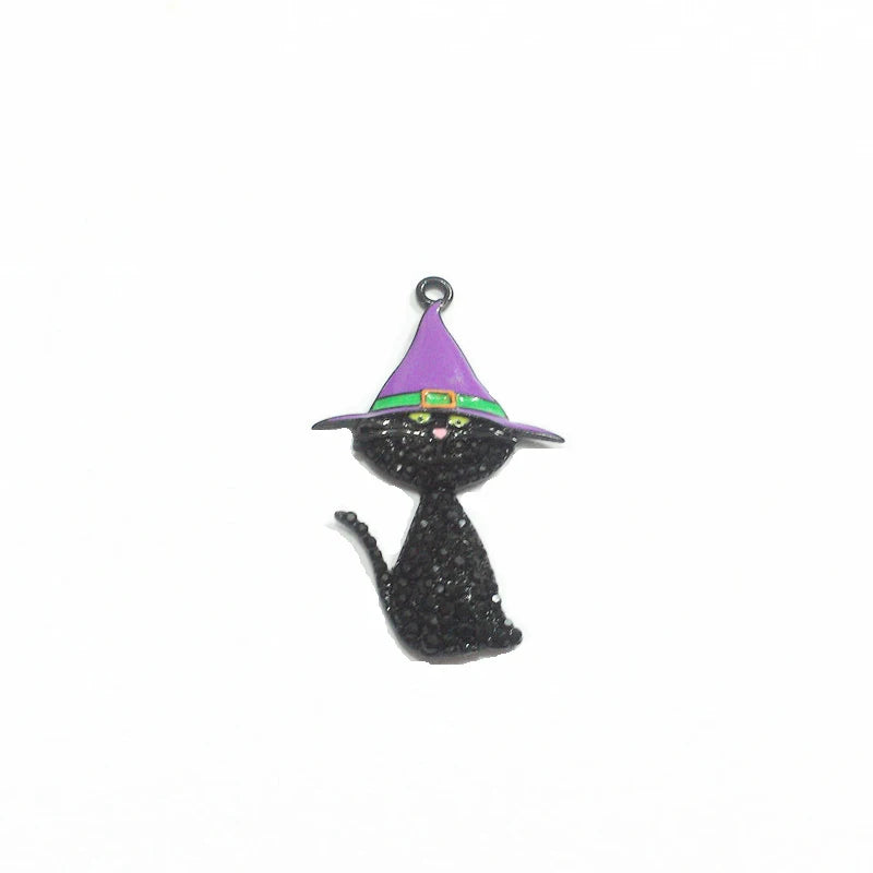 Halloween Cat With Hat Rhinestone Pendants Lot of 10