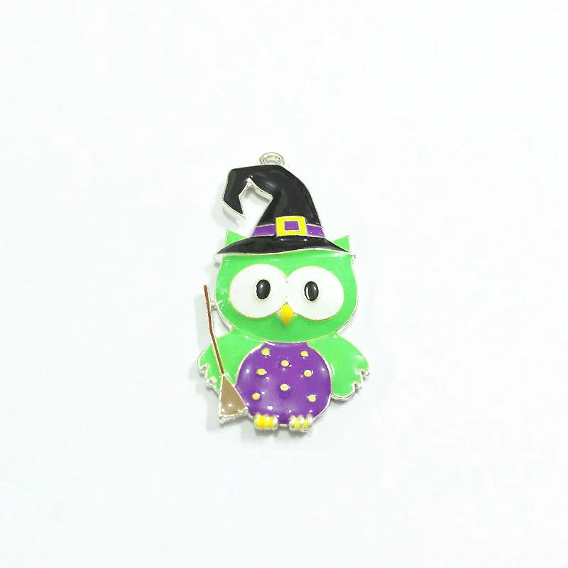 10pcs Silvery Plated Owl With Broom Enamel Pendants for Halloween Jewelry