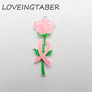 10pcs Pink Ribbon Breast Cancer Awareness Pendant w/ Flower For Necklace Making