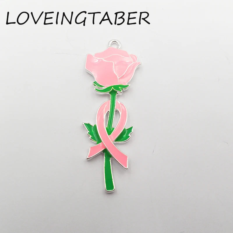 10pcs Pink Ribbon Breast Cancer Awareness Pendant w/ Flower For Necklace Making
