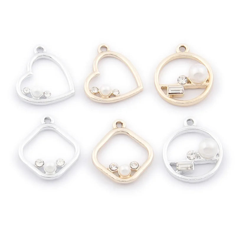 60pcs Silver Plated Crystal Pearl Enamel Charms Heart Square Round Pendants