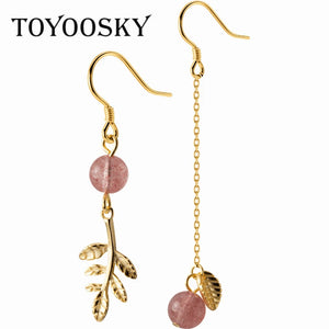 925 Silver Leaves Tassel Earrings Pink Crystal 925 Ear Chain