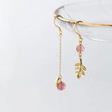 925 Silver Leaves Tassel Earrings Pink Crystal 925 Ear Chain