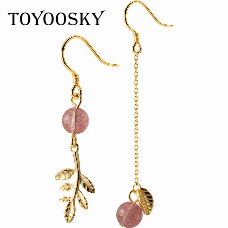 925 Silver Leaves Tassel Earrings Pink Crystal 925 Ear Chain