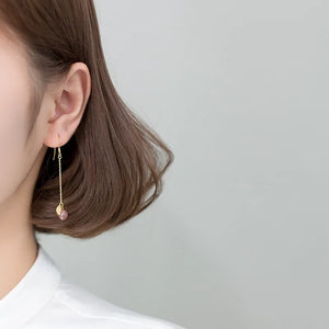 925 Silver Leaves Tassel Earrings Pink Crystal 925 Ear Chain