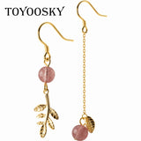 925 Silver Leaves Tassel Earrings Pink Crystal 925 Ear Chain