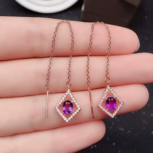 Amethyst Drop Earrings with Gangling Chain 4X5mm Natural Gemstone 925 Silver