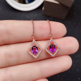 Amethyst Drop Earrings with Gangling Chain 4X5mm Natural Gemstone 925 Silver
