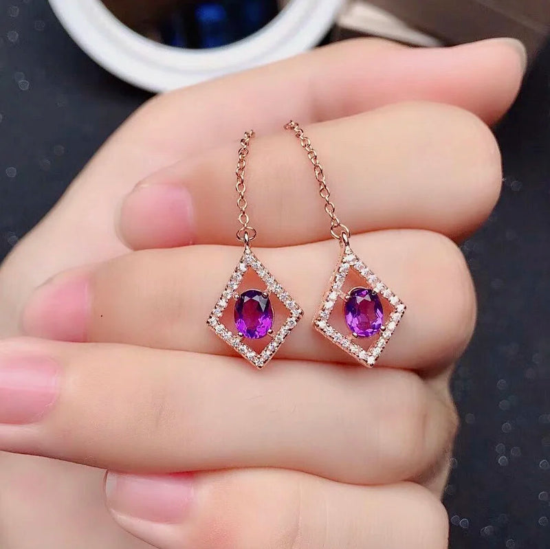 Amethyst Drop Earrings with Gangling Chain 4X5mm Natural Gemstone 925 Silver