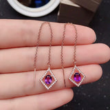 Amethyst Drop Earrings with Gangling Chain 4X5mm Natural Gemstone 925 Silver
