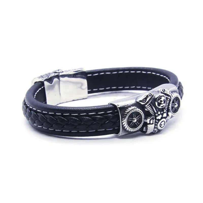 Motorcycles Engine Leather Bracelet Stainless Steel Skull Biker Style