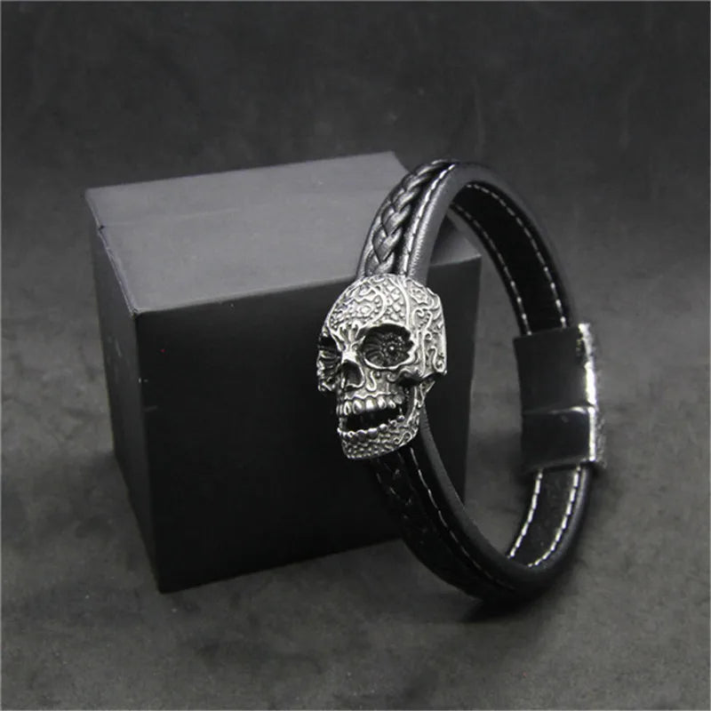 Skull Leather Bracelet 316 Stainless Steel Punk Ghost Biker Bracelet